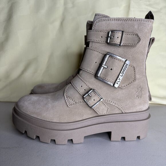 Fly London Jeda817fly Suede Leather Buckled Lug Boots Cream Women 35/4.5 NWB - Picture 2 of 12